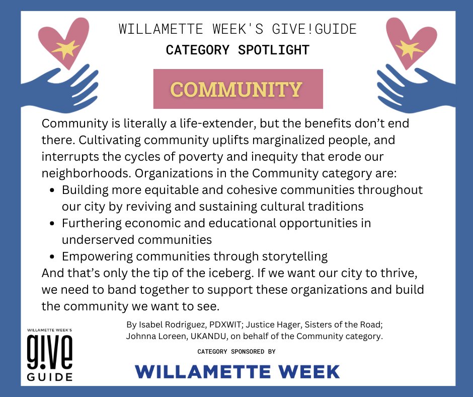 We’re spotlighting the Community category! Nonprofits in this category focus on supporting, building and/or celebrating a specific sector of Portland’s culturally diverse community.  🫂♥️ Visit giveguide.org to see all nonprofits in this year’s Community category.