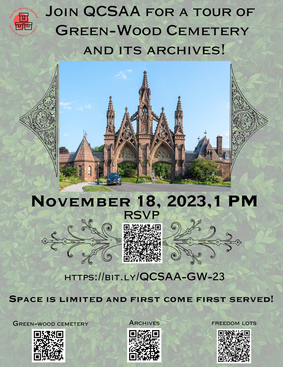 qc_saa's tweet photo. Join QCSAA for a tour of the historic Green Wood Cemetery &amp; its archives this Saturday, November 18th. Spots are limited - RSVP at https://t.co/8lCurZRcxb 
Non-students are welcome too, so bring a friend along! We hope to see you there! https://t.co/KXI8Vq6LBb