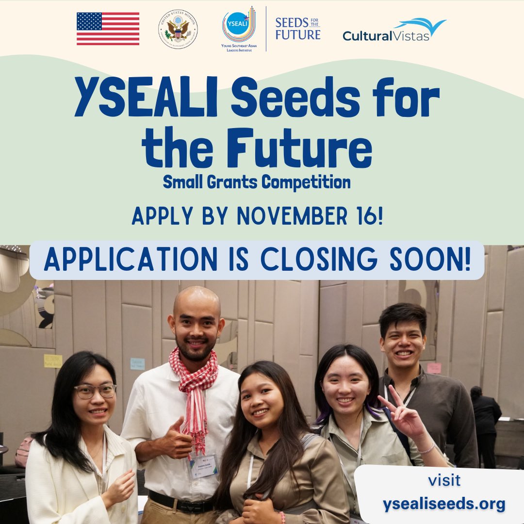 Don’t miss your chance! The 2024 YSEALI Seeds for the Future application closes November 16! Submit your application for a Seed grant at ysealiseeds.org before it’s too late! #YSEALISeeds #YSEALI10