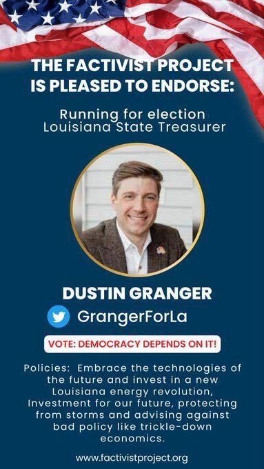 #VoteBLUE #wtpBLUE WE THE People wtp2153   Louisiana, you need a State Treasurer that will work for you and not big corporations   Dustin Granger is a financial advisor with 20 years of experience advising LA families   Unlike his opponent, Dustin understands that trickle-down…