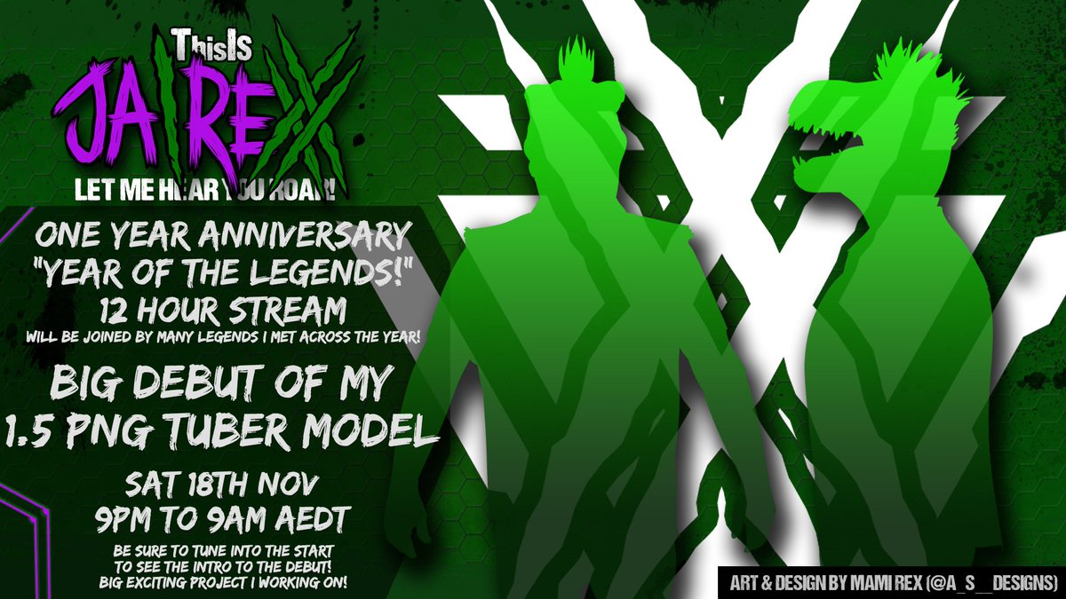 ROAR! LETS GOOOO! THIS SATURDAY MY BIG ONE YEAR ON TWITCH 12 HOUR STREAM ALSO NEW MODEL DEBUT! WILL BE 8PM TO 8AM AEDT!
STARTING WITH A Q&amp;A! SO LET ME HEAR THOSE QUESTIONS BELOW OR THROUGH TELLONYM IF YOU PREFER!
tellonym.me/ThisIsJaiRex