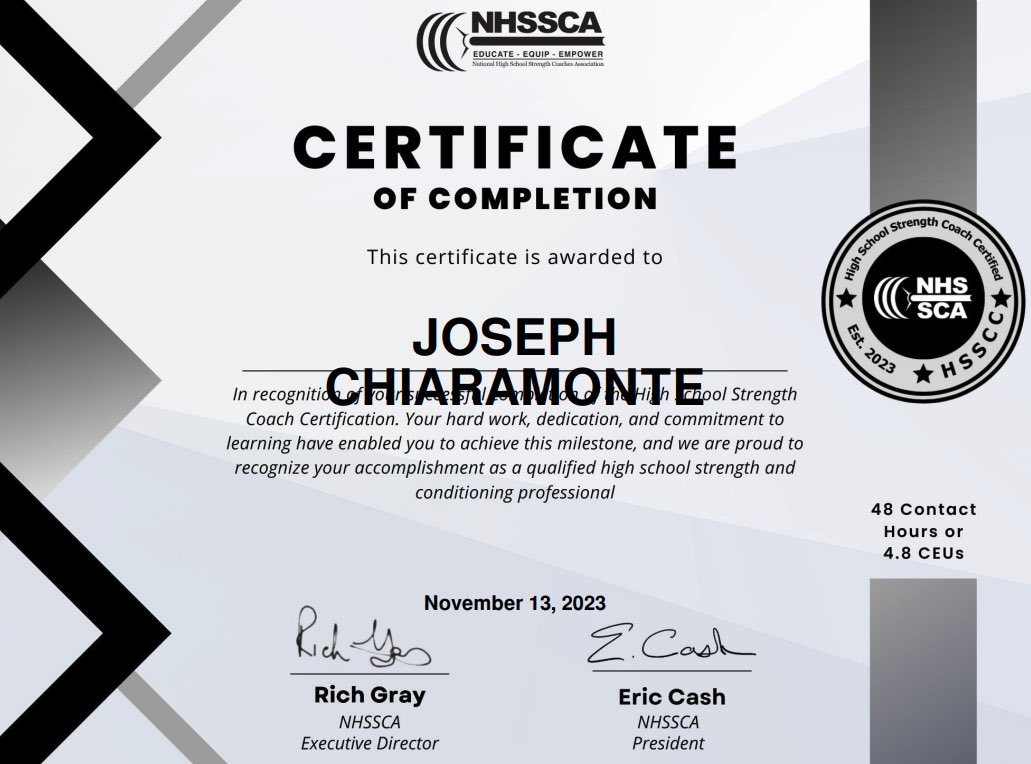 Having contributed content to, and officially "passing" the NHSSCA HSSCC, I can say that it is one of the most comprehensive and practical certifications that I own. The NHSSCA is a top calibre organization that Equips, Empowers and EDUCATES High School Strength Coaches! <a href="/NHSSCA/">NHSSCA</a>