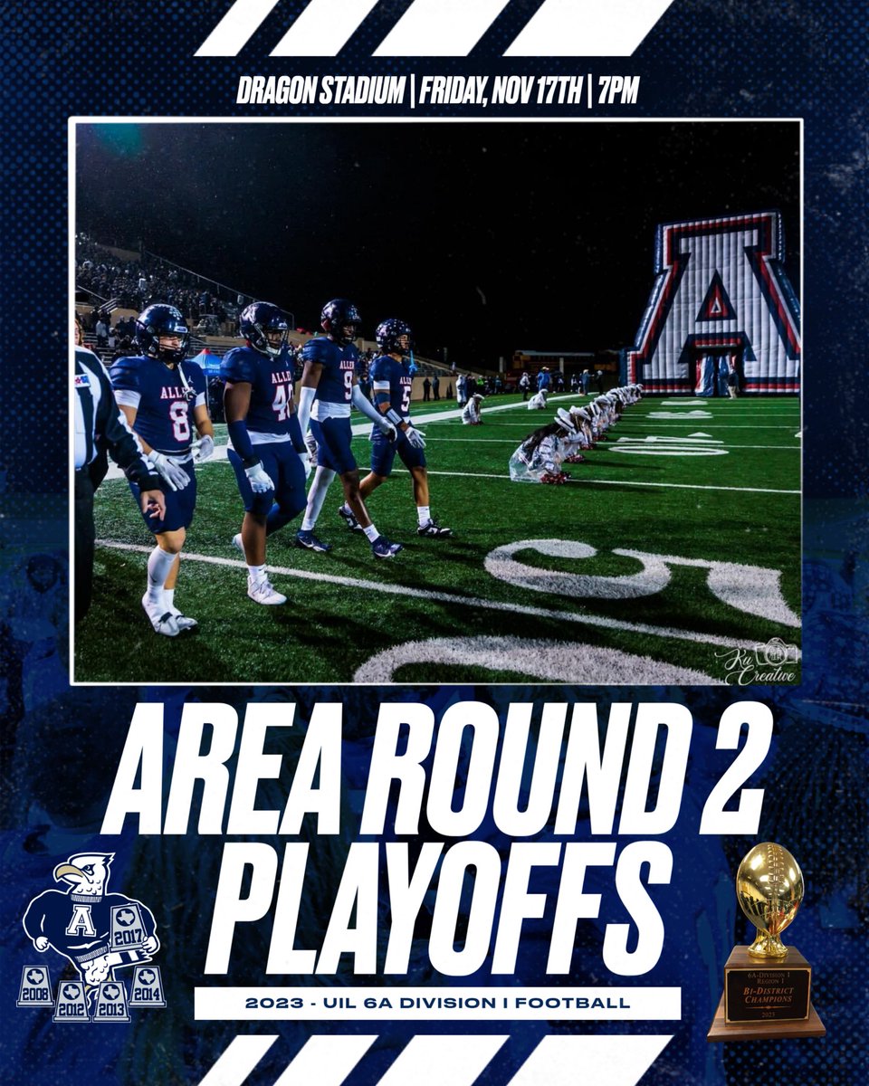 🚨Area Round 2 Playoffs🚨 🏈 Allen Eagles 🆚 Martin 📆 Friday, Nov. 17th 🏟 Dragon Stadium ⏰ 7:00 PM Allen Eagles will be Home team 📍 1085 S Kimball Ave Southlake, TX 76092 United States 🎟️Ticket info Coming Soon #BTB | #TXHSFBPlayoffs | #GoldBallSzn