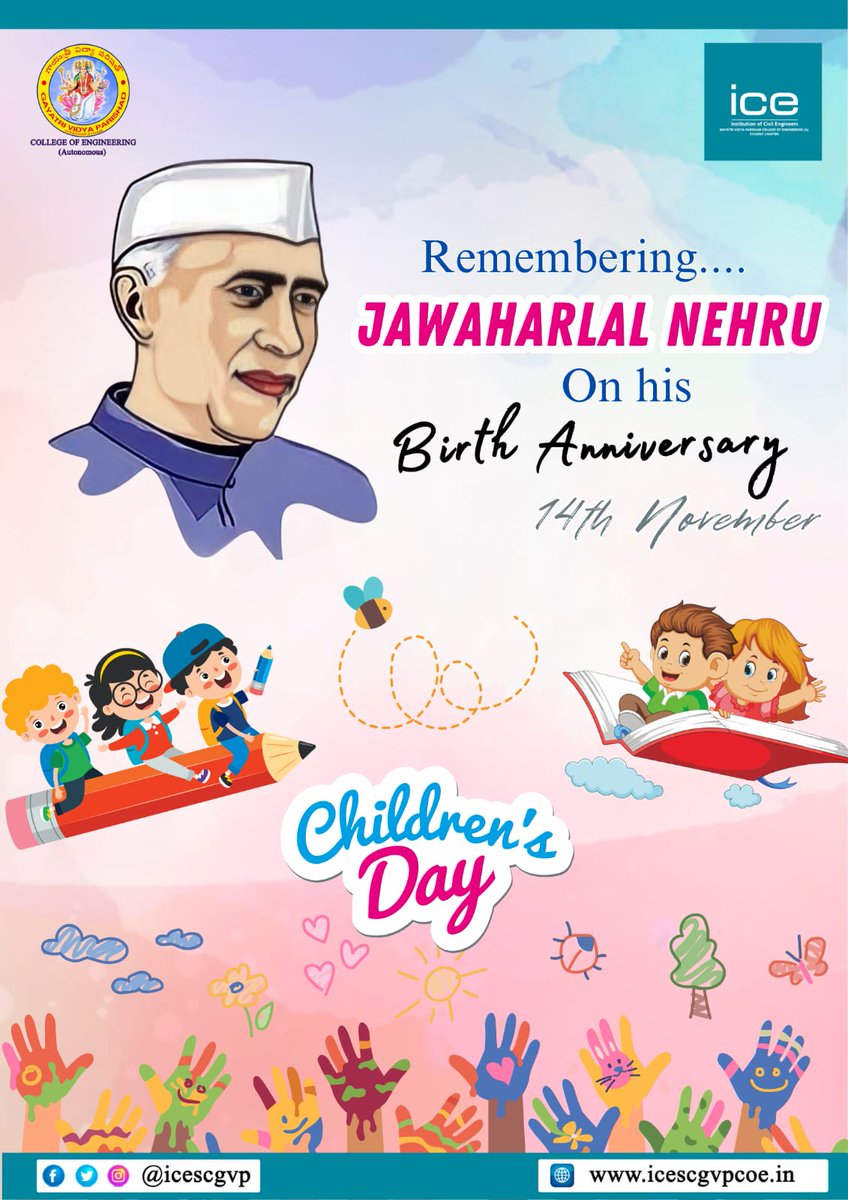 Icescgvp's tweet photo. Children's Day is celebrated on Nehru's birthday because Jawaharlal Nehru, the first Prime Minister of India, was a strong advocate for the rights and welfare of children🥰. 
Regards
ICE(UK)
GVPCOE https://t.co/bo8BlRaY9F