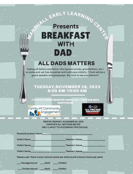 marshallelc1's tweet photo. Parents make sure to check your child's name tag for a flyer for Breakfast for Dad. Please fill out the form and return it to the school to reserve your spot. We hope to see you there! #nnpsaew23 #nnpsproud #marshallmagic https://t.co/TBRzZ0ZkQV