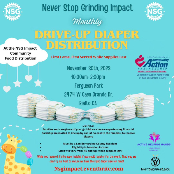 Drive-Up Diaper Distribution on Thurs., Nov. 30, at 10:00am.  
Ferguson Park, 2474 W. Casa Grande Dr., Rialto, CA.  
Read more and register at eventbrite.com/o/never-stop-g…

#diapers #diaperdistribution #SanBernardinoCA #sanbernardinocounty #CAPSBC
