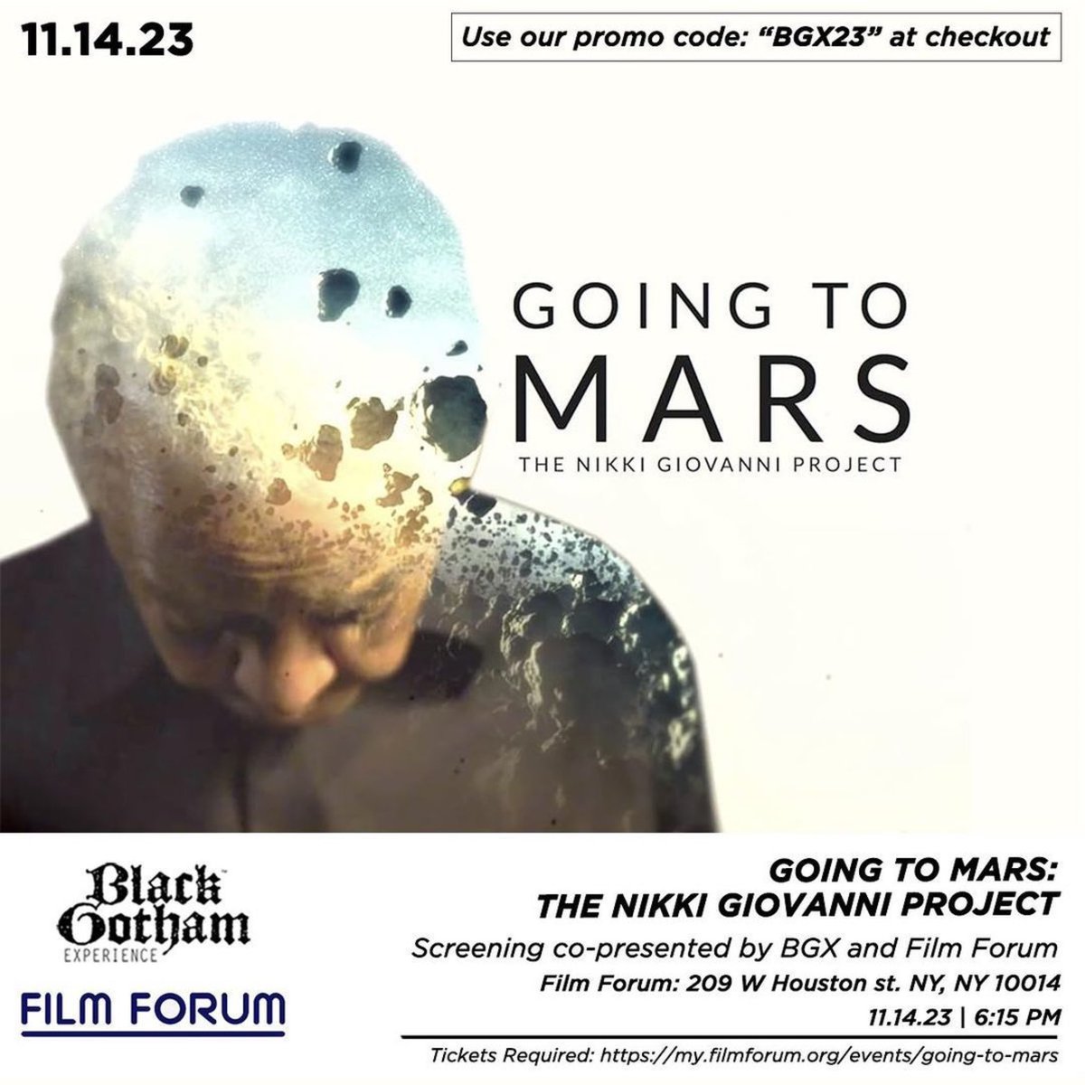blackboikei's tweet image. Tomorrow, Tuesday 11.14.23
6:15pm at @FilmForumNYC 

Black Gotham Experience is co-hosting a screening of “#GoingToMars: The Nikki Giovanni Project”

Use code ‘BGX23’ at checkout for discounted ticket 

🎟️: my.filmforum.org/going-to-mars/…