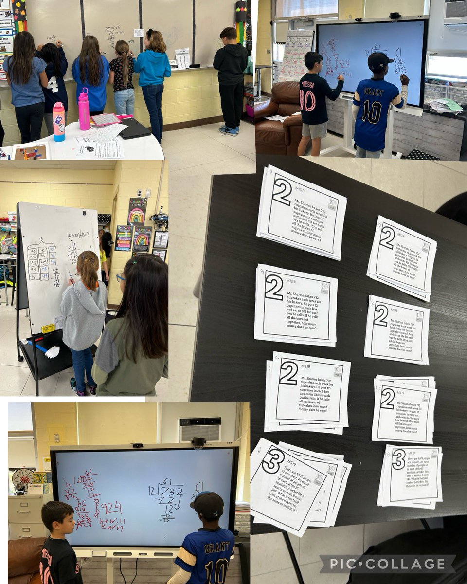 Fifth graders working hard on multi-step word problems! Our vertical whiteboards def help us discuss, collaborate, and solve ! #richdiscussion #discourse @eureka_math @JJESOwls