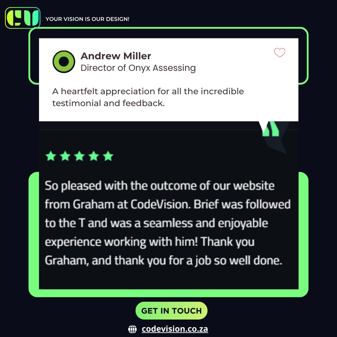 codevisionrsa's tweet image. CodeVision is here to continue assisting you, answering your questions, and helping you achieve your goals in the digital world. Together, we can accomplish anything!✨

💡 YOUR VISION IS OUR DESIGN! 🌟

#CodeVision #TestimonyAppreciation #digitalworld #webdevelopment #Community