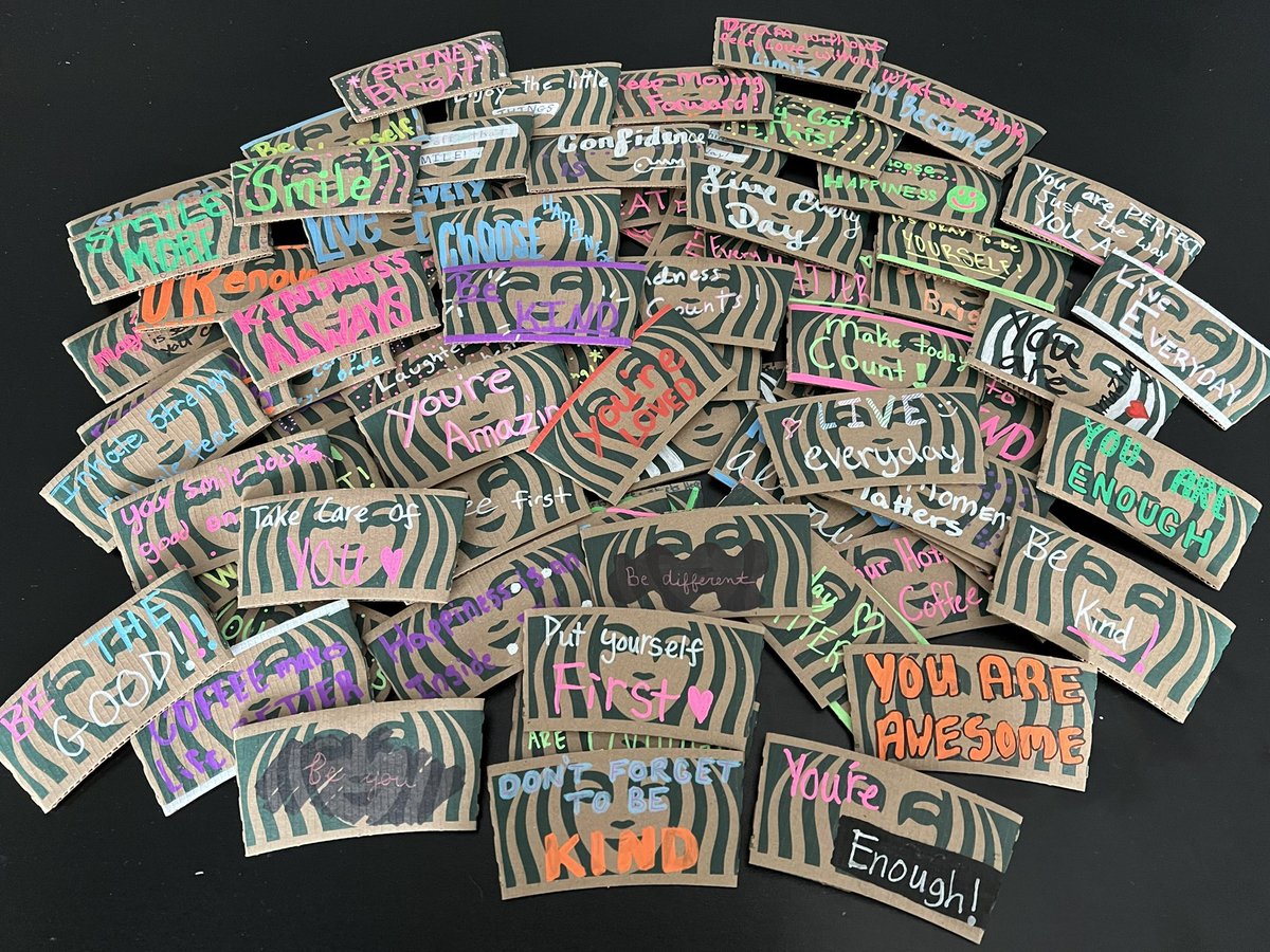 CCHS__LinkCrew's tweet photo. #WorldKindnessDay is here!  And so are the over 800 bright and inspiring coffee sleeves that they Link Leaders made.  Any drink purchased today at Starbucks will have one of these. Come get some Kindness with your coffee!  @CharacterStrong https://t.co/jeuSiUk6Aq