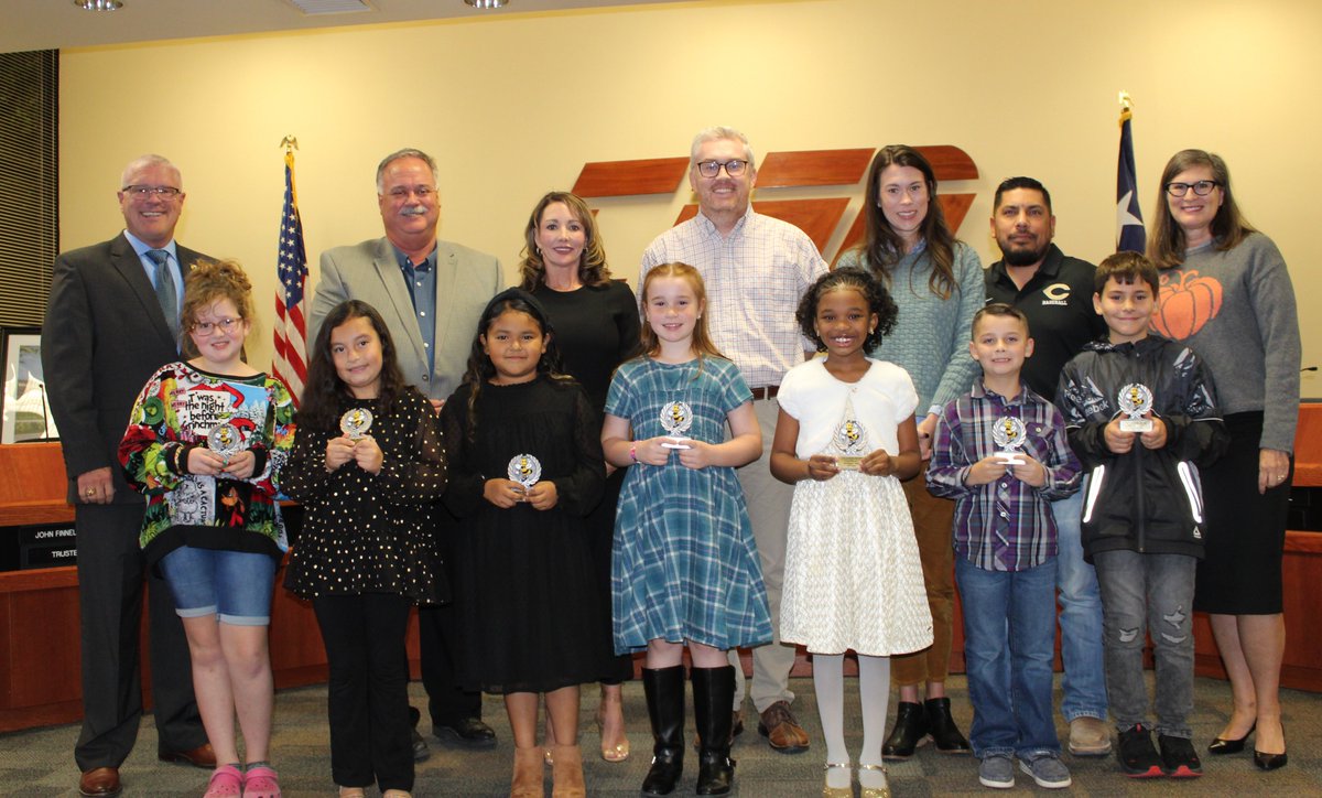 CleburneISD's tweet photo. At tonight's school board meeting, Trustees honored 3rd graders with Citizenship Awards and celebrated the achievements of the CHS Cross Country program and a CHS senior--and future educator--selected by Educators Rising as a National Ambassador.  #GreatnessEverywhereCleburneISD! https://t.co/YbfpO60XU5
