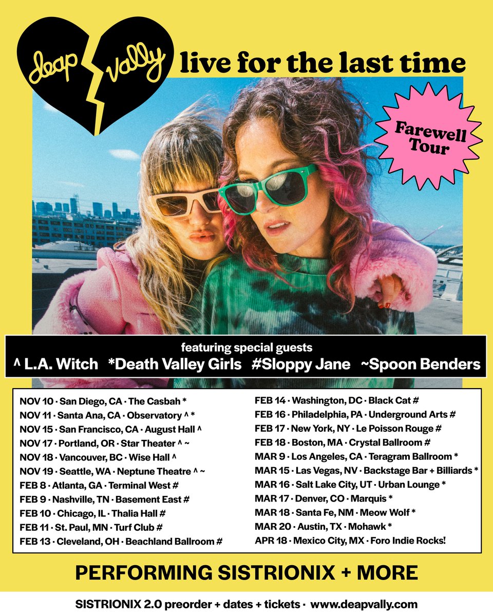 Deap Vally will be performing with Death Valley Girls on March 9th, 2024! 🎶 This is their last tour so make sure you get your tickets before they're gone!🚨 #DeapVally #DeathValleyGirls #TeragramBallroom