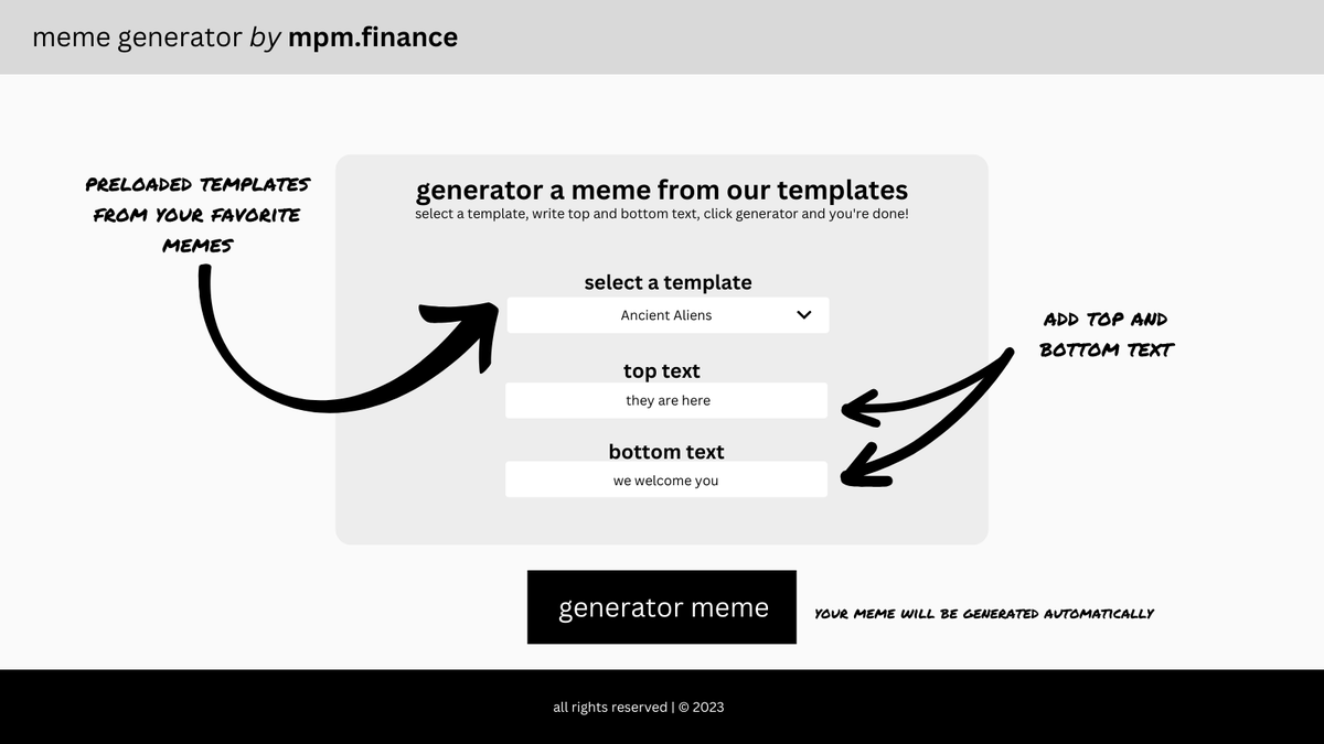 mpmfinancehq's tweet photo. Create #Memes Effortlessly! 🎨

With https://t.co/Wvqf7FQP46 you can now #programmatically #generate memes based solely on requested URLs using our user-friendly UI. 

Select a template, add your top and bottom text, click Generate, and voilà! Memes made easy. 🔥 #MemeGenerator https://t.co/78CxQHuhUt