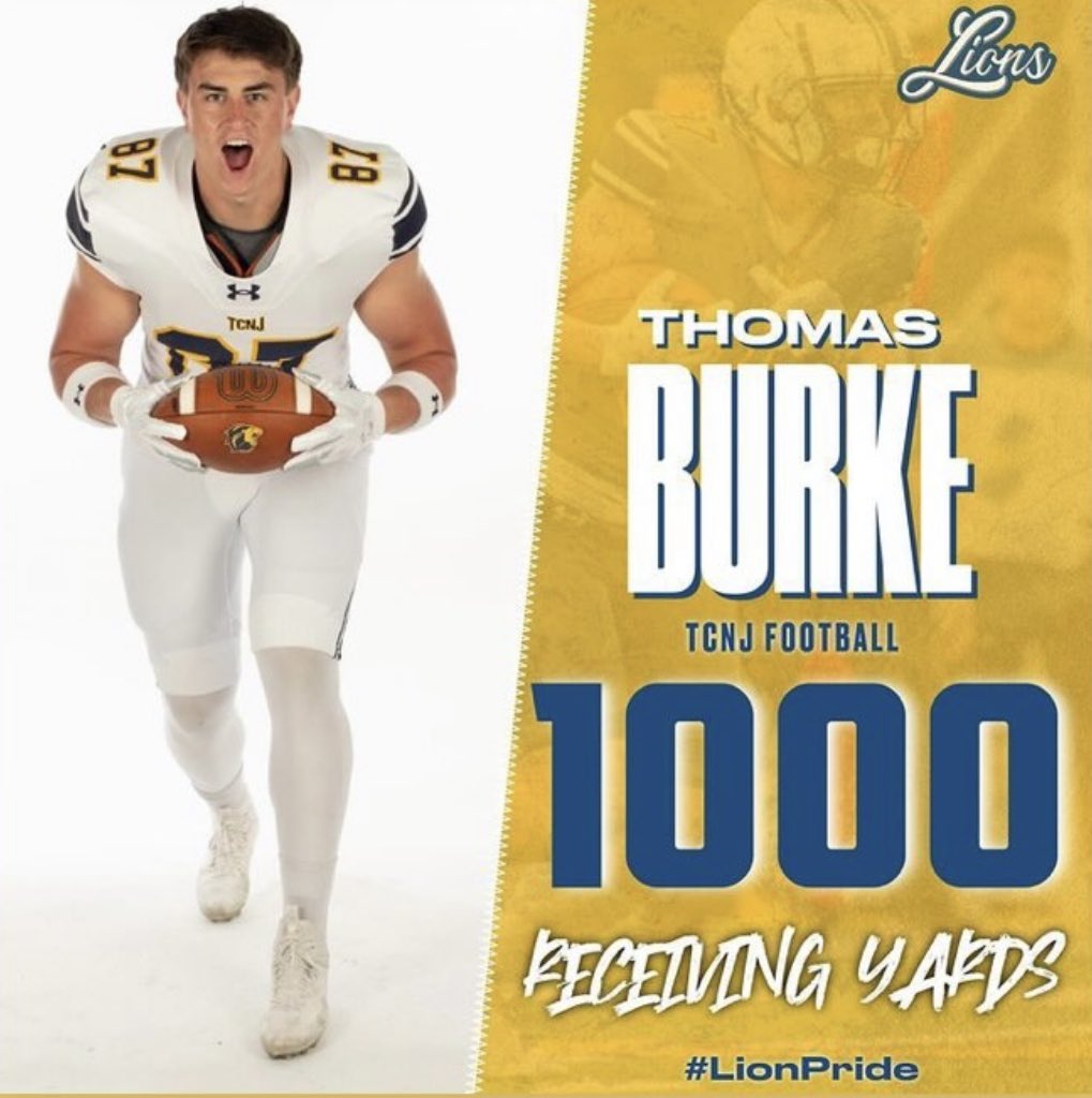 congratulations to standout TE @th0masburke, who reached 1️⃣0️⃣0️⃣0️⃣ career receiving yards on the dot during Friday's game against Christopher Newport! Who’s Next? #WGF | #BeBetter | #LionPride