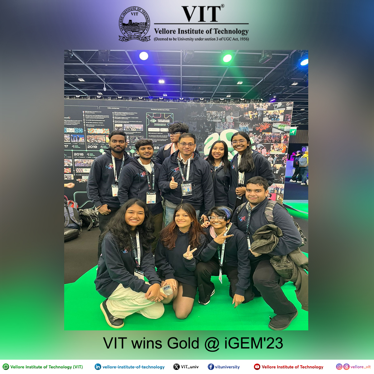 VIT_univ's tweet photo. Hearty Congratulations to #SBST students for bringing laurels to #VIT by winning a gold medal at the #iGEM Grand Jamboree held in Paris from Nov 2 to Nov 5, 2023.

#VITiGEM2023 #iGEM2023 #VITStudentAchievements #Biosciences #Biology https://t.co/nYIzK7qEvV