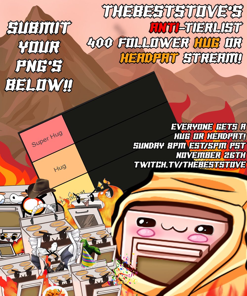 📢 CALLING ALL #Vtuber #pngtuber 's!

In celebration of hitting 400 followers on twitch, I'm doing a anti-tierlist hug or headpat celebration stream! 

EVERYONE GETS A HUG OR HEADPAT! Art/models should be appreciated &amp; loved!

Submit your png's! ENDS: 11/24/2023! Details below 👇