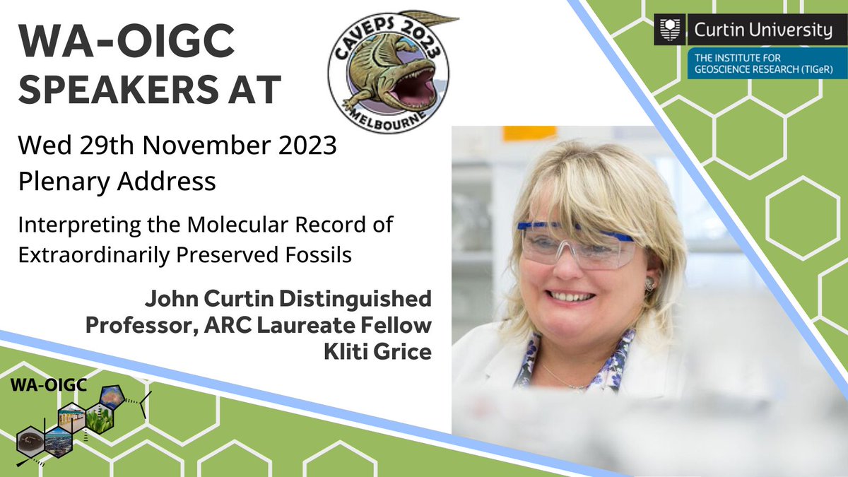 If you’re heading to #CAVEPS at the end of this month in Melbourne, make sure you attend the plenary lecture by Prof Kliti Grice at 9:45am on Wednesday 29th Nov. Hear all about how the WA-OIGC team are ‘Interpreting the Molecular Record of Extraordinarily Preserved Fossils’ 🦠