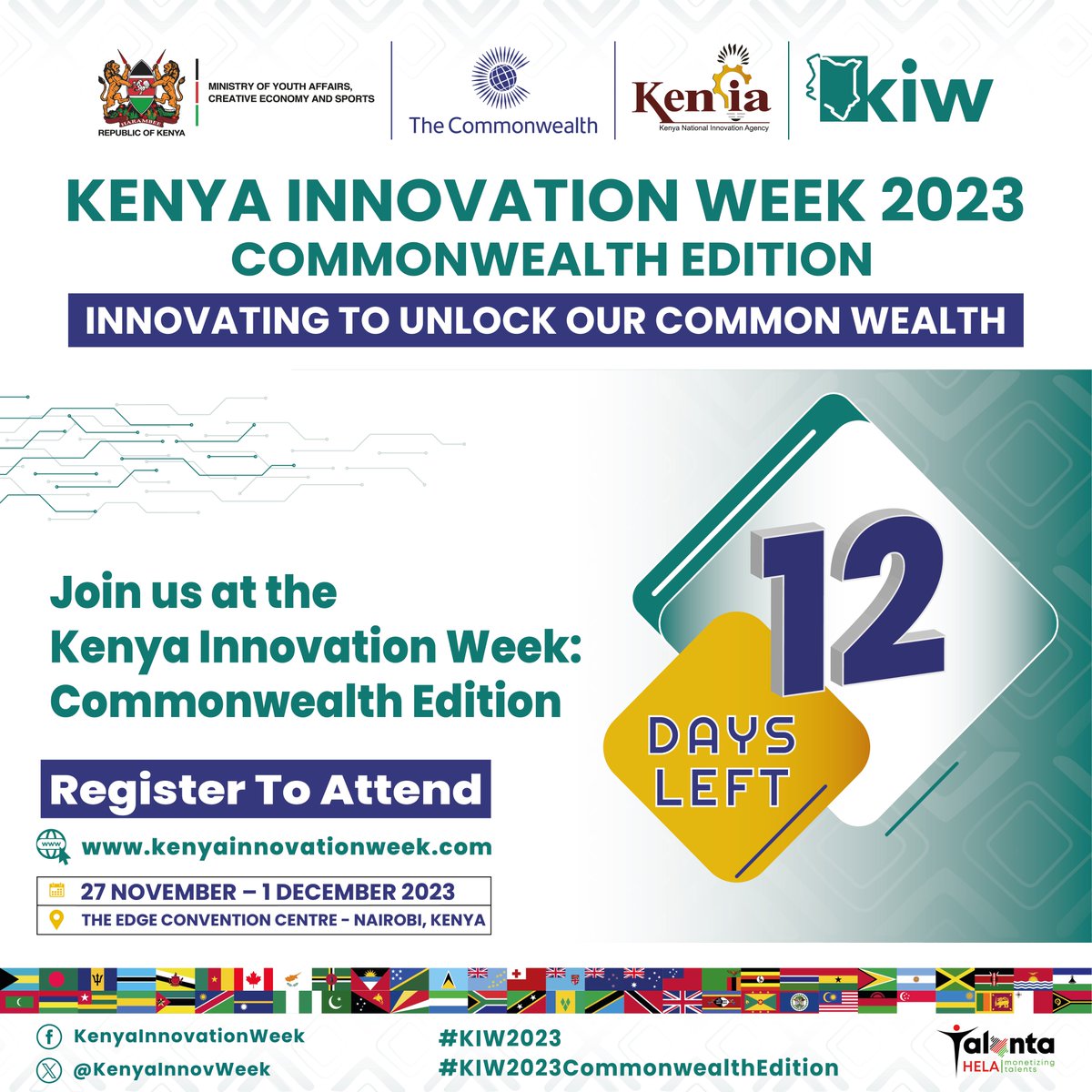 KENIAupdates's tweet image. Just a dozen days left until the Kenya Innovation Week 2023- Commonwealth Edition hits the scene! We are revolutionizing the innovation scene, and you don&apos;t want to miss it!

Register: kenyainnovationweek.com