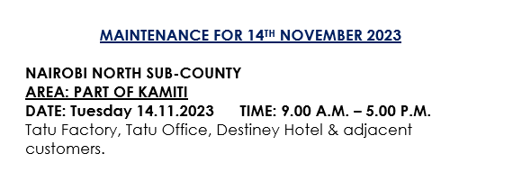 KenyaPower_Care's tweet photo. Good morning,
The following area is on maintenance today, 14/11/2023. ^MM https://t.co/LhioiDZDSv