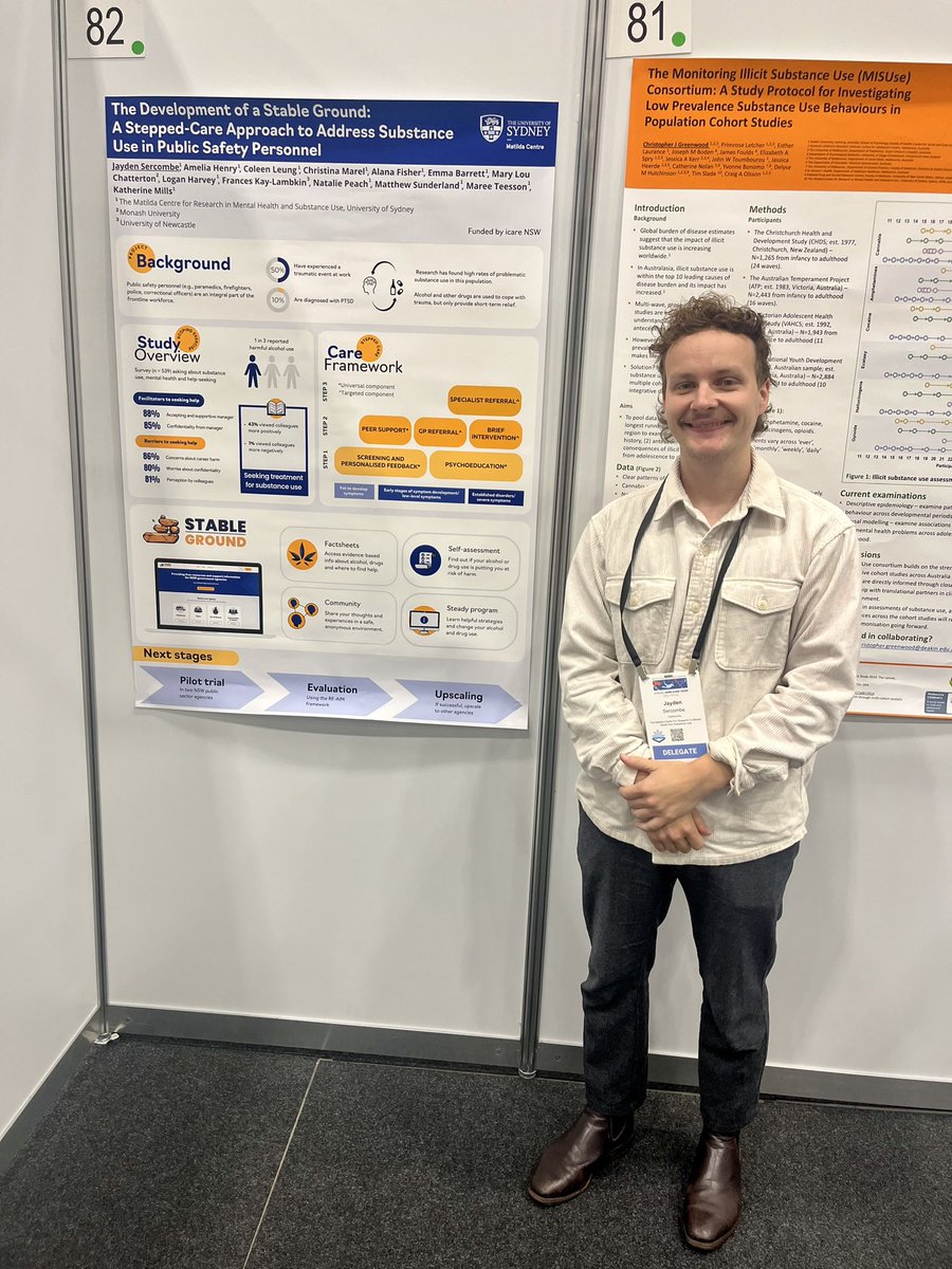 Holding down poster #82 at #APSAD23 in Adelaide! It shows some of our research on substance use in public safety personnel (e.g. paramedics, firefighters) and and how our program Stable Ground can help them manage it.