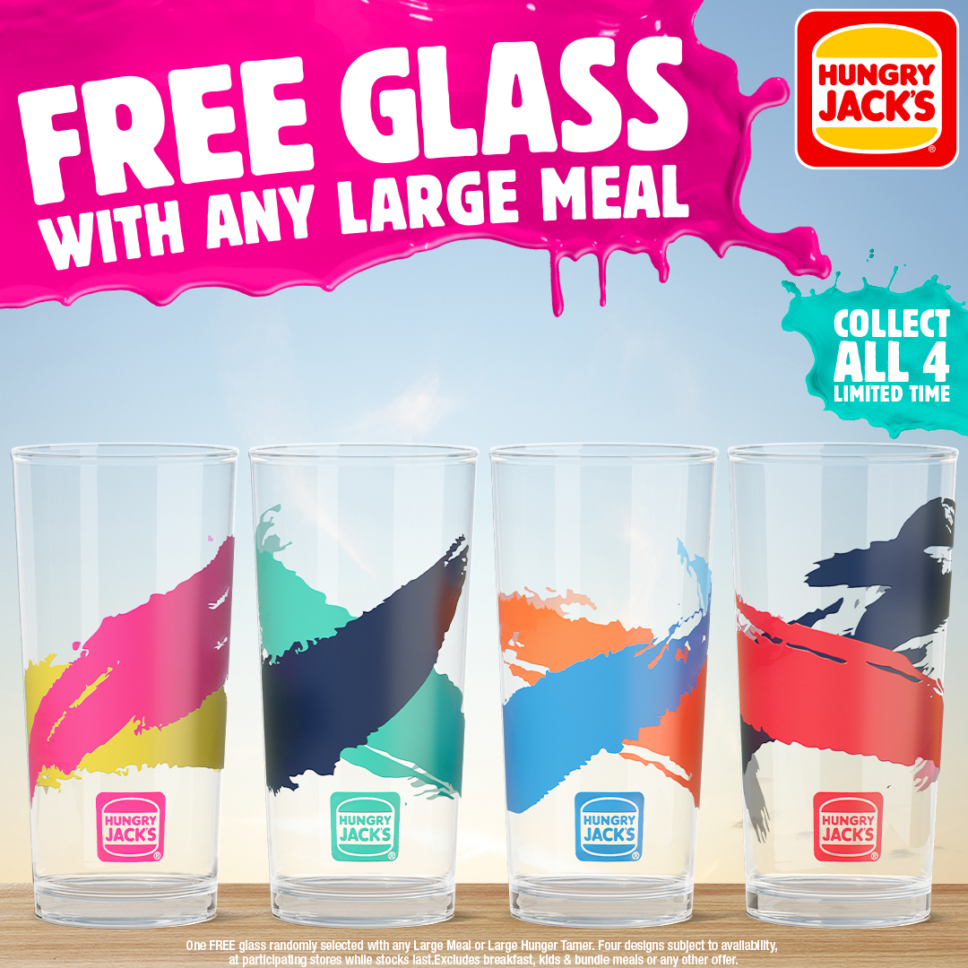 Summer at HJ's is getting WILD - FREE Glasses are HERE! ☀️ 🤩 Get a FREE Limited Edition Glass with any Large Meal. Collect all 4 designs while they last! 🍔 T&amp;Cs Apply.
