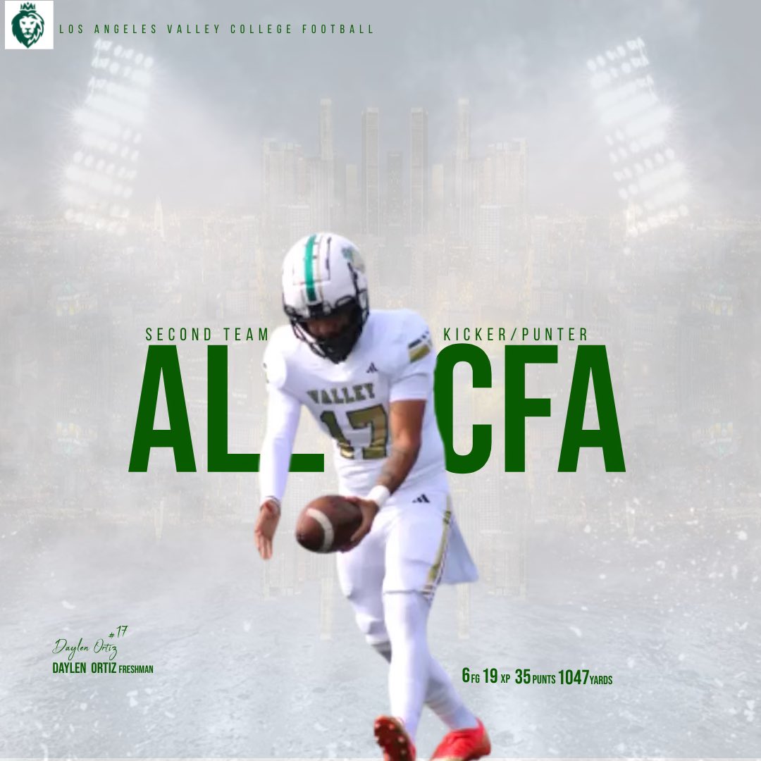 DaylenOrtiz17's tweet photo. Blessed to receive the news that I have been selected as an All-Conference Kicker/Punter‼️ Big thanks to @ValleyCollegeFB @CoachTowns_LAVC @9CoachWest9 for the opportunities https://t.co/yND7ipkVH5