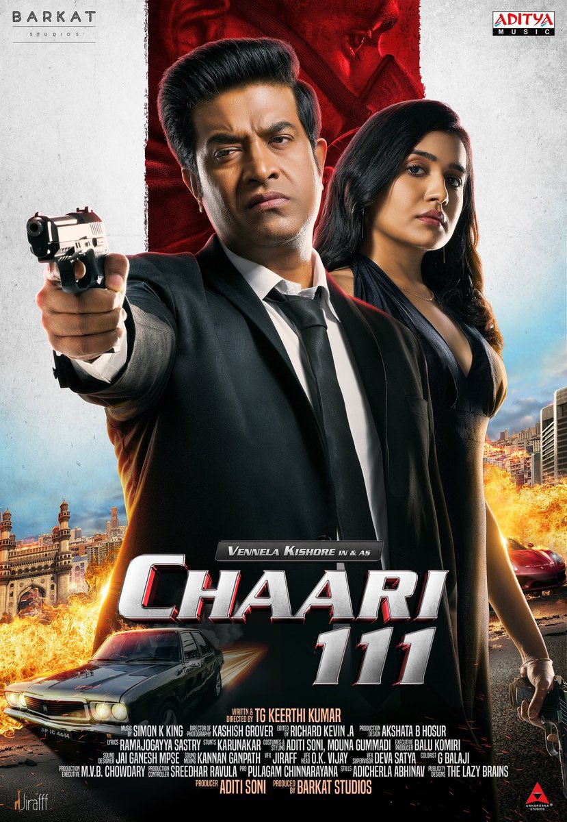 Presenting you most dynamic First Look poster of Telugu feature movie '#Chaari111,' a spy action-comedy featuring our very own Kaka #VennelaKishore, #MuraliSharma, and #SamyukthaViswanathan in the lead roles. 

Written & Directed by @tgkeerthikumar 
Produced by @aditisoni1111…