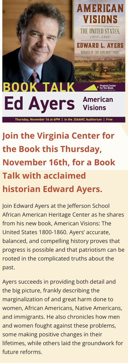 For our Cville locals and friends in VA-join us this Thursday @jsaahc with @va_ctr_book 6pm w/ @edward_l_ayers -Free! Register here: eventbrite.com/e/american-vis…