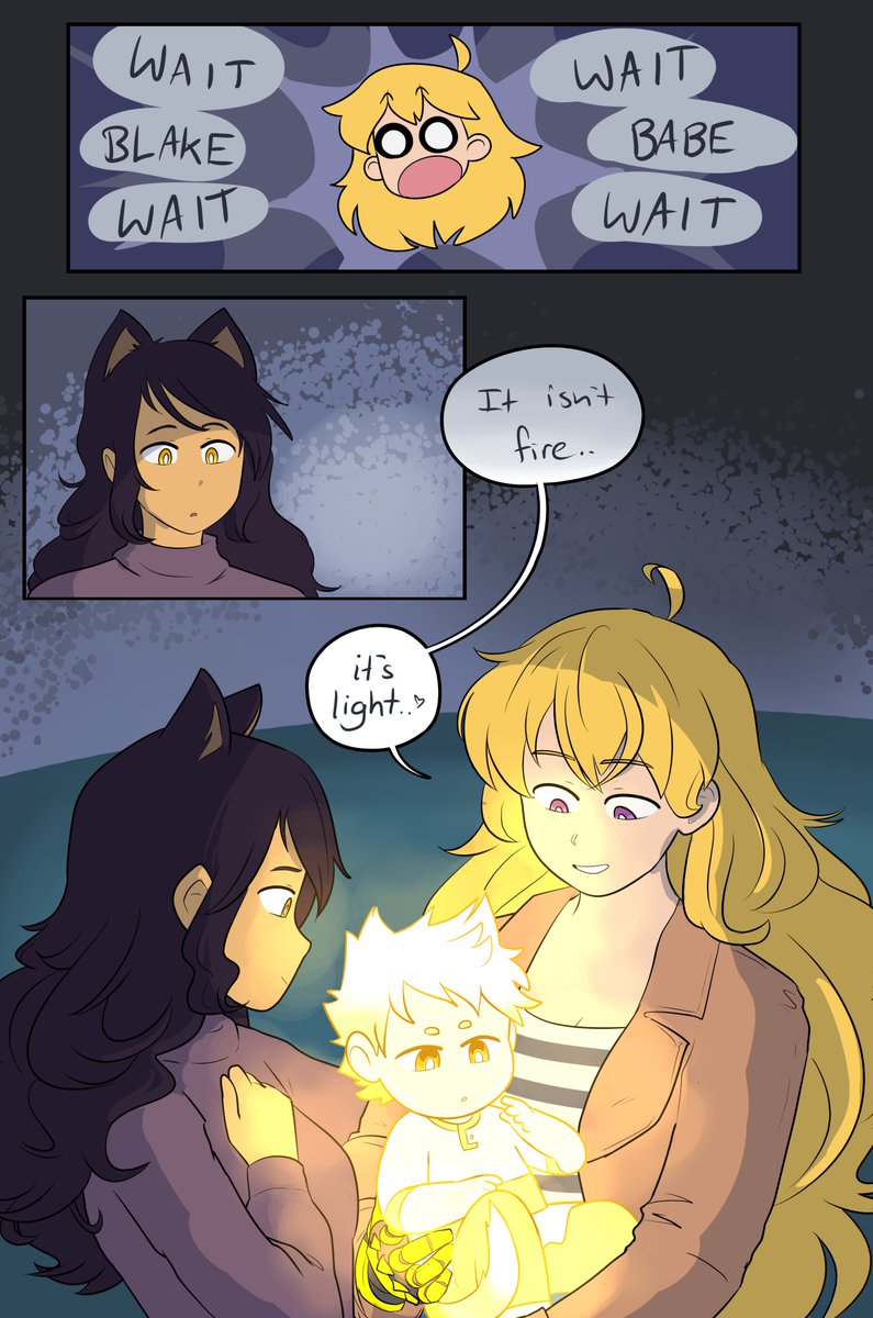 Here's more Bees and their lil bab Nova.

Yang tryna entertain a bored baby during a power outage.

#RWBY #Bumbleby #RWBYfanart