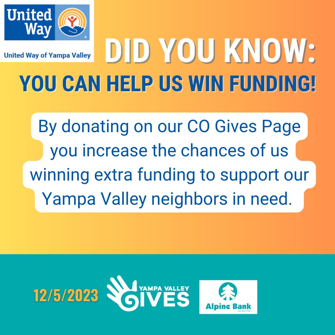 Make your dollars go farther by donating on our CO Gives Page from now until Yampa Valley Gives Day on Dec. 5th! 

Donate at coloradogives.org/organization/U… #yampavalleygives #cogives