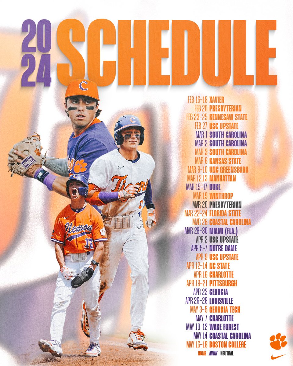 The 2️⃣0️⃣2️⃣4️⃣ schedule has arrived! 👏 Get all the details on the upcoming slate for #Clemson under second-year Head Coach Erik Bakich. 🐅 bit.ly/3SzI15h #Team127