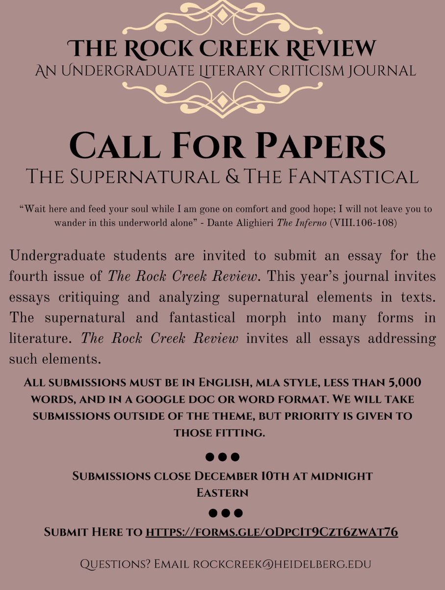 CALL FOR PAPERS**
The Rock Creek Review <a href="/ReviewCreek/">The Rock Creek Review</a> is an #Undergraduate journal of #LiteraryCriticism

We are now accepting undergraduate papers for our Spring 2024 Edition.

Please share freely with students and colleagues around the world!