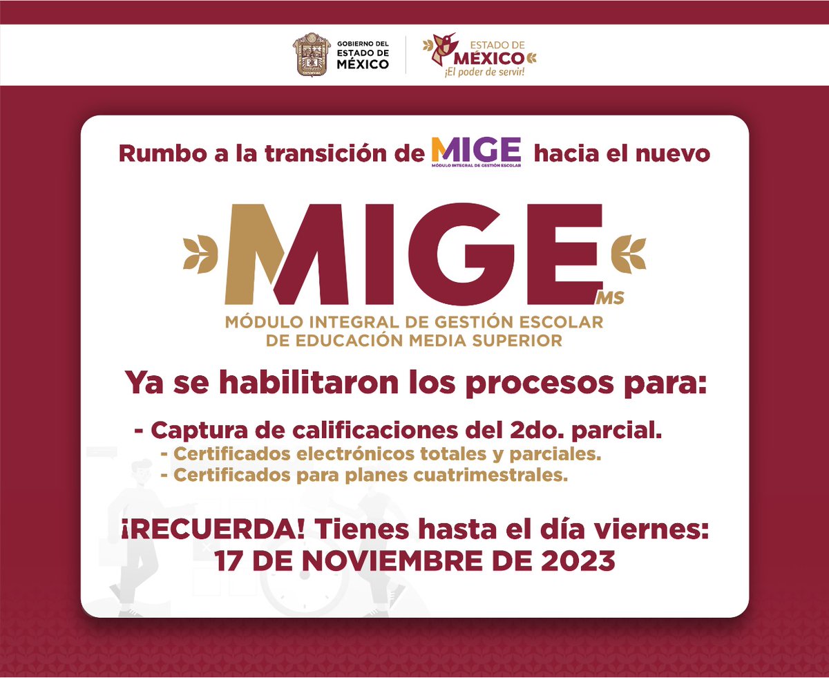 SEMSedomex's tweet photo. 🚨Atención docentes de #EMS 🚨
Ya se encuentra disponible el Registro de Calificaciones correspondiente al 2do parcial en MIGE. Recuerda que tienes hasta el 17 de noviembre para realizarlo.

¡Que no se te pase, consulta tu plataforma!👉🏻Link de acceso: https://t.co/W6C7WX46Jr https://t.co/82IFLJqjSK