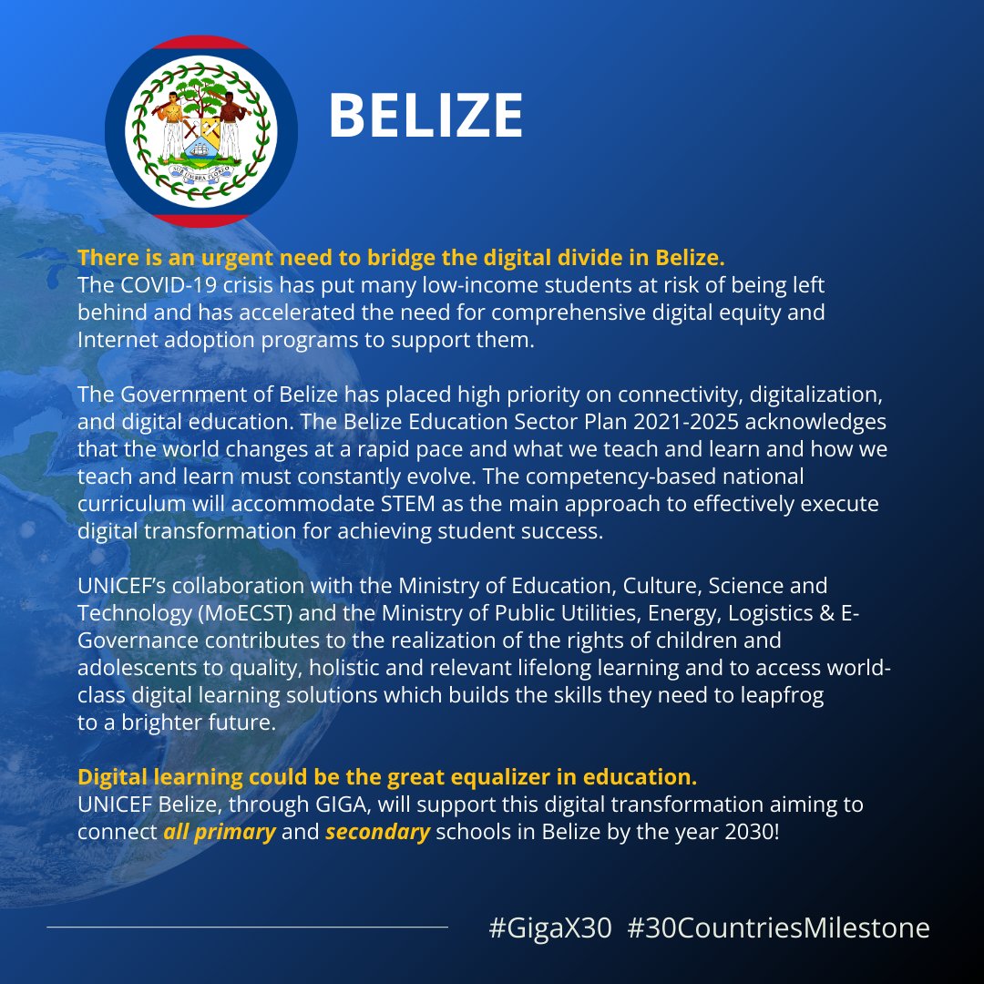 unicefbelize's tweet photo. 🎉Exciting news! @Gigaglobal is now in 30 countries! 
🇧🇿In Belize we aim to connect all primary and secondary schools by 2030. Belize joined the Giga community back in May of this year.
🌎Read more https://t.co/jPfImjViAF
#GigaX30 #30CountriesMilestone https://t.co/OQ3cMP5y7K