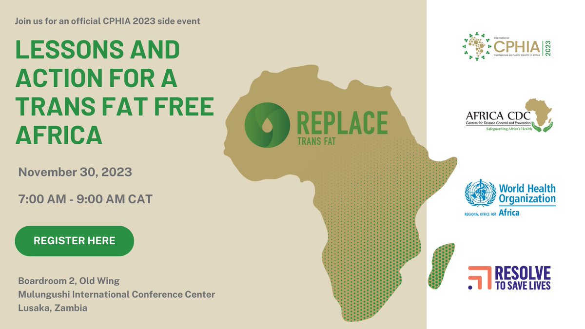 ResolveTSL's tweet photo. Global momentum for trans fat elimination has been building—how can Africa make sure that its people are protected? If you're attending #CPHIA2023, join us for an event we're hosting with @AfricaCDC and @WHOAFRO. 

Register now: https://t.co/zMrg2Nk3fn https://t.co/9EogW7vMF0