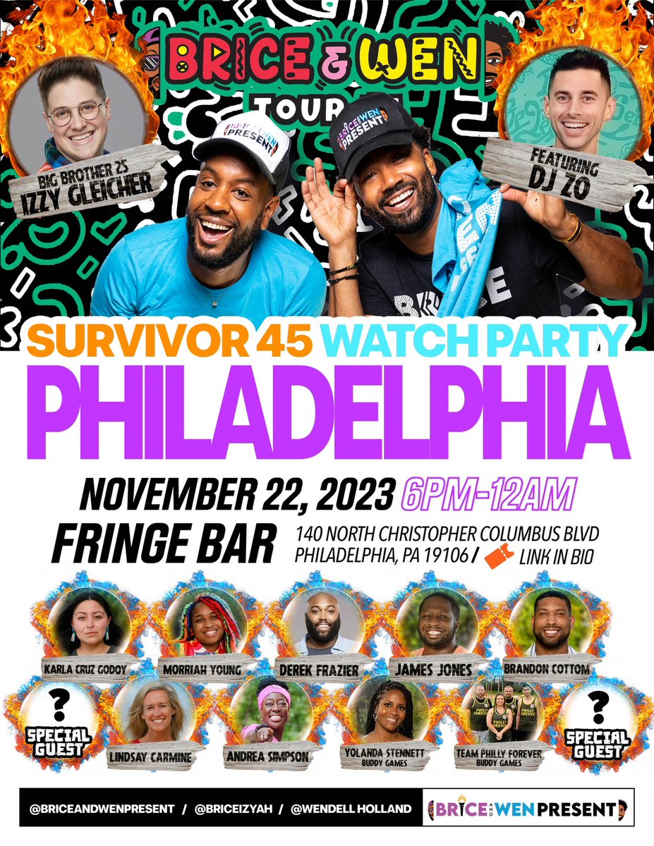 Philly Philly!! See you next week!! <a href="/BriceAndWen/">#BriceAndWenPresent</a> and lots of friends will be watching #Survivor45 at Fringe Bar on their Movie Screen in the THEATER!!!!  We’ve got some awesome friends and some Surprises!! 

We still have some tix 👇🏿👇🏿

eventbrite.com/e/brice-wen-pr…