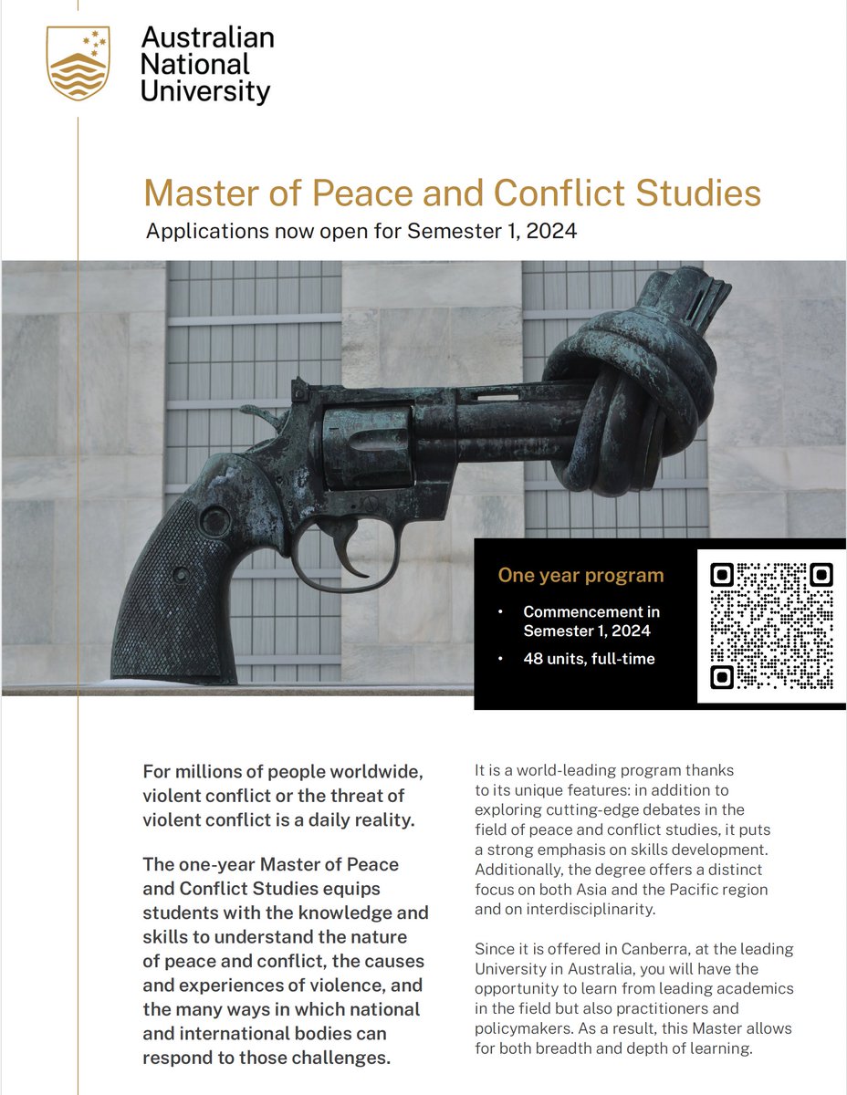 Are you looking for a one-year Master program to understand how conflict occurs, and gain skills to contribute to conflict prevention and resolution? Then this new Master of Peace and Conflict Studies is for you! @ANUBellSchool bellschool.anu.edu.au/study/masters/…