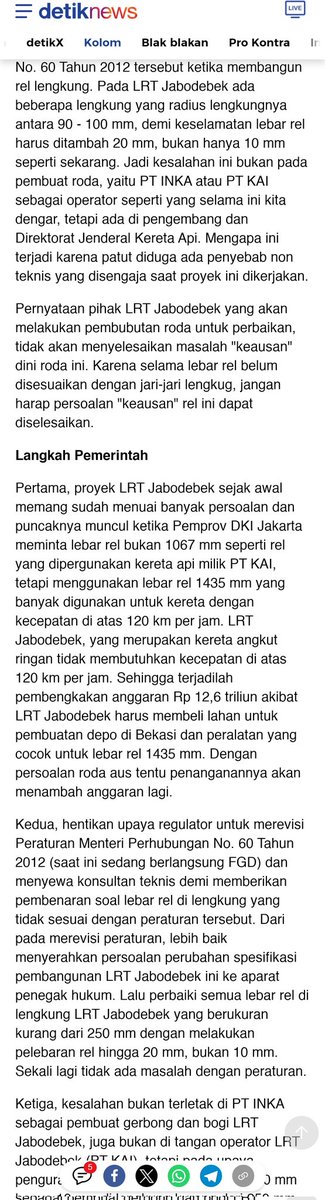kabarpenumpang's tweet photo. Tragedi keausan roda LRT Jabodebek mulai panas

1. Diduga ada "main" antar DJKA dan Adhi Karya utk kurangi spek, khususnya  lebar rel yg hnya 10 mm di tikungan.
2. Ada upaya ubah atur demi pembenaran kslhn
3. AP tdk slhkan INKA. Tp, INKA hrs jwb knp 31 kereta speknya beda2 semua https://t.co/xByGgcrrok