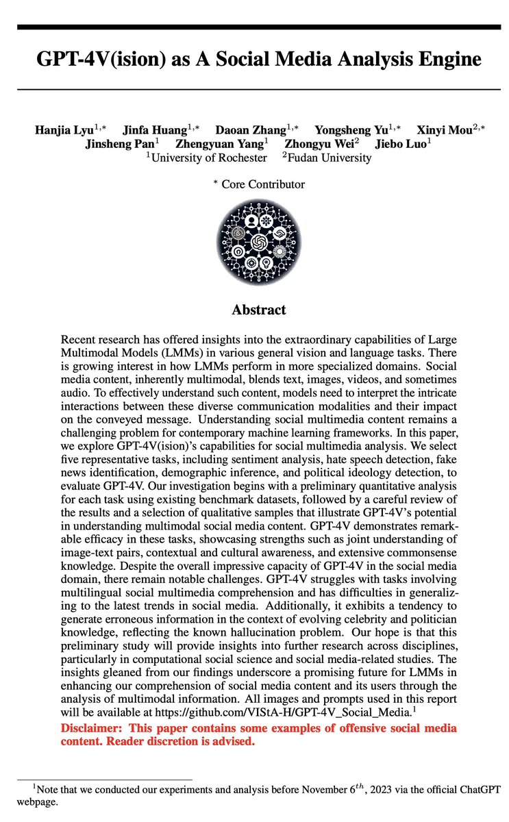 Bruce_Lyu17's tweet photo. 🔥 Excited to share our latest exploration on GPT-4V(ision) for social multimedia analysis tasks including sentiment analysis, hate speech detection, fake news identification, demographic inference, and ideology detection~
Read more: https://t.co/DvNBnR8INu https://t.co/SWB1pdMtZY