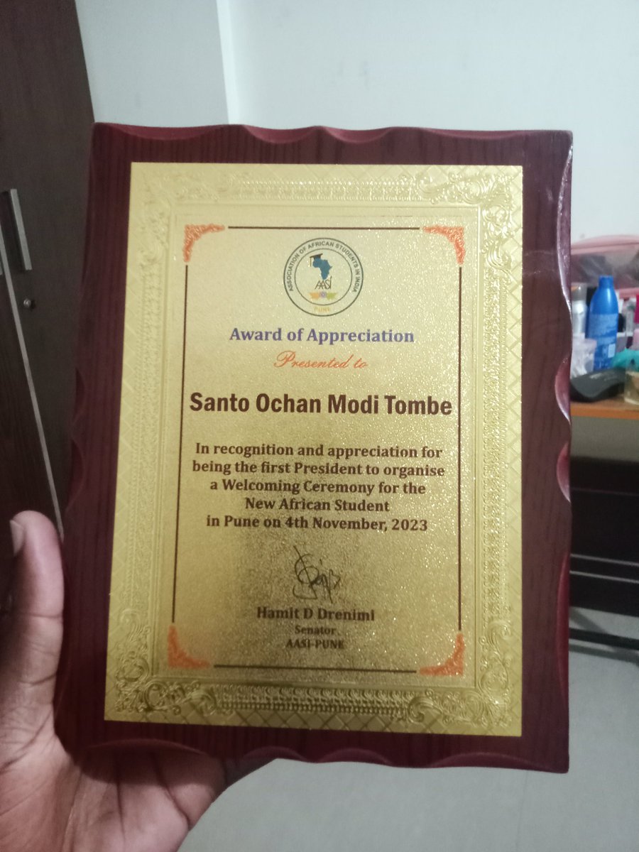 OchanSanto's tweet photo. 4/11/2023 

A remarkable and historical day in @aasipune
I and my cabinets hosted the first ever Welcoming Ceremony for the new African Students in Pune.
A very proud moment for us.
The students were given pens,notebooks, batch and brochure. https://t.co/CMpGwF0SQ2