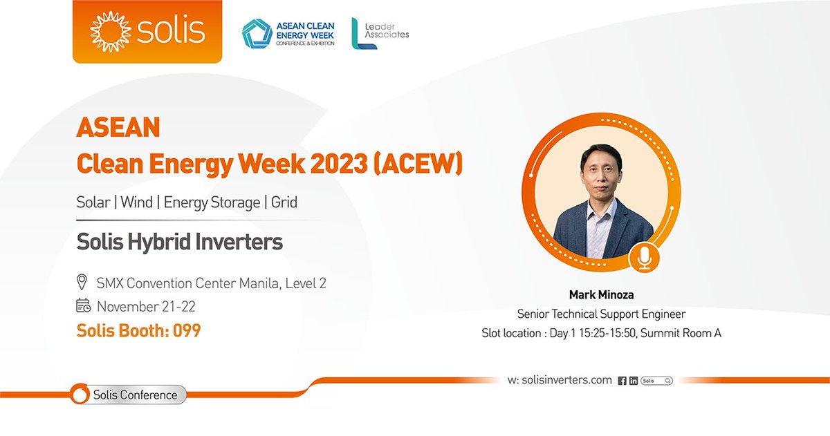 Solis_Inverters's tweet photo. #SolisConference in #Philippines is here! Join us at ASEAN Clean Energy Week 2023 , the pinnacle of renewable energy events in Southeast Asia. Discover our latest technology at booth 099, SMX Convention Center Manila, Level 2, from November 21-22.
Engage in an insightful presentation on #SOLIS Hybrid Inverters by Mark Minoza, Senior Technical Support Engineer:
๐๏ธ Day 1
๐ Time: 15:25-15:50
๐ข Summit Room A
Grab your spot with a free two-day pass: https://t.co/JjCjEy6SOd ๐
Solis: The World's 3rd Largest PV Inverter Manufacturer ๐
#SolisInverter #SolarEnergy #EnergyTransition
#ASEANCleanEnergyWeek #Conference #Exhibition