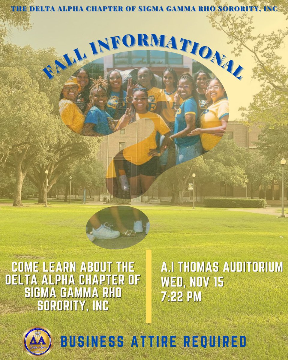 pvamupoodles's tweet photo. Want to learn about our illustrious sorority?
Join us Wednesday November 15th, 2023 at 7:22PM in the Alvin I. Thomas Auditorium.
Come and meet the ladies of The Divine Delta Alpha Chapter of Sigma Gamma Rho Sorority, Incorporated.
#SigmaGammaRho #DeltaAlpha #Pvamu https://t.co/GQI5yw840a