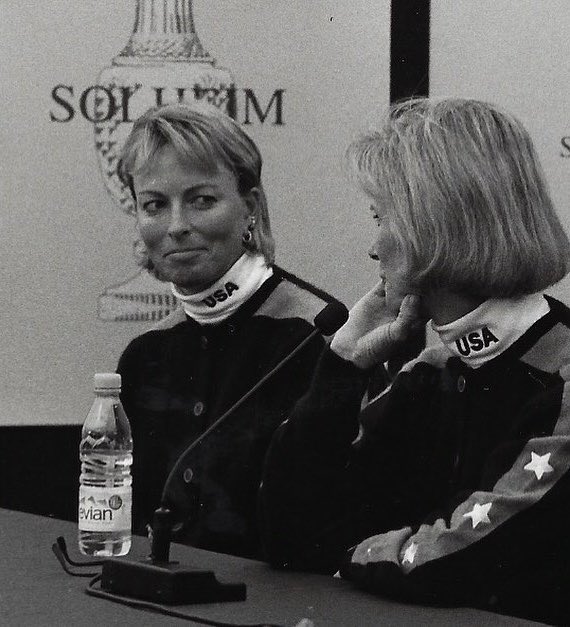 dottie_pepper's tweet photo. No better way to celebrate #cardiganday than with the great @Jrprotalker after a mega comeback on the final day of the ‘96 Solheim Cup in Wales. https://t.co/GUuTd8LS0v