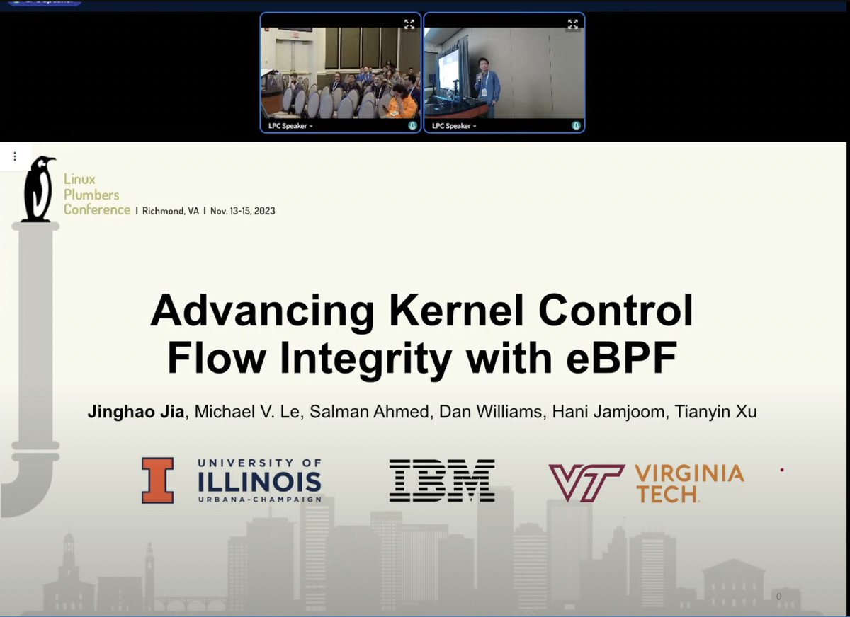 Jinghao (@Jinghao_J) presented his work on #eBPF for kCFI at @linuxplumbers. Go Jinghao Go!