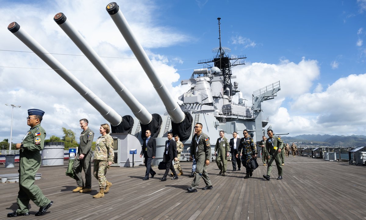 PACAF's tweet photo. #SmoothSailing at #PACS23 as #AlliesAndPartners from the #IndoPacific region gathered for a tour of the USS Missouri & a walkthrough of the Pearl Harbor Aviation Museum, building upon bilateral and multilateral relationships. @usairforce @INDOPACOM https://t.co/CZhFAaIqsx