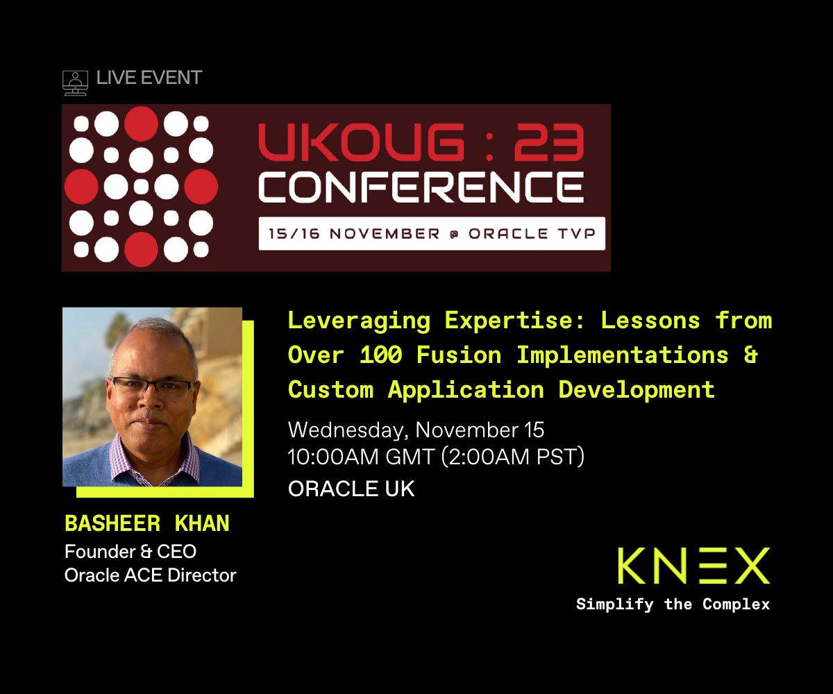 knextech's tweet image. Our CEO @bkhan will be presenting this week at @UKOUG  Don't miss this presentation on Wednesday.  

Learn more: ukoug.org/page/UKOUGConf…

#UKOUG #OracleUK #OracleACEs #Cloud