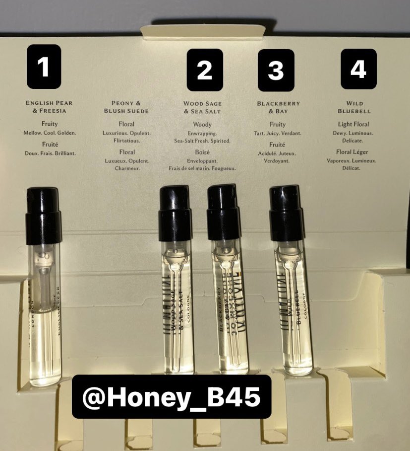 ส่งต่อน้ำหอม jomalone แท้100% ไซส์ 1.5ml
 - กลิ่น english pear เหลือครึ่ง ปล่อย 90 
 - กลิ่น woodsage,blackberry,wildblue ฉีดไปกลิ่นละ1ปั๊ม ปล่อย 160
📮 ส่งฟรี
#ส่งต่อน้ำหอม #ส่งต่อ #ส่งต่อคสอ #ส่งเครื่องสำอาง #ส่งต่อสกินแคร์ #ส่งต่อน้ำหอมแท้