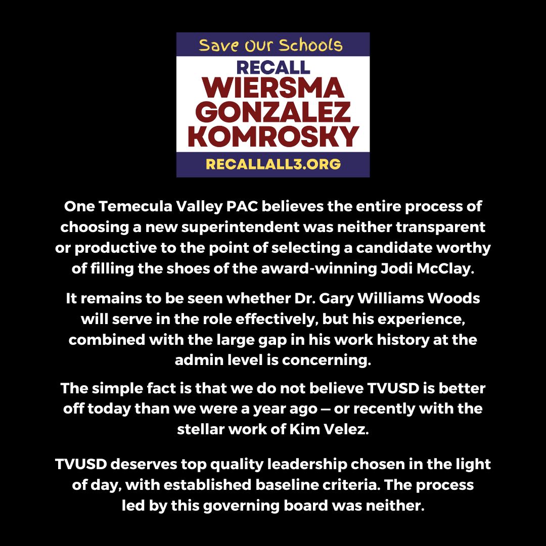 onetvpac's tweet photo. We vehemently disagree with the entire non-transparent process of hiring a new superintendent.
https://t.co/0iTmmgAai4
#RecallAll3
#RecallKomrosky
#RecallGonzalez
#RecallWiersma
#TVUSD #MVUSD #1tvpac #OneTemeculaValleyPAC #Temecula #TemeculaValley #Temeculacitycouncil #Murrieta https://t.co/8unWG94bBI