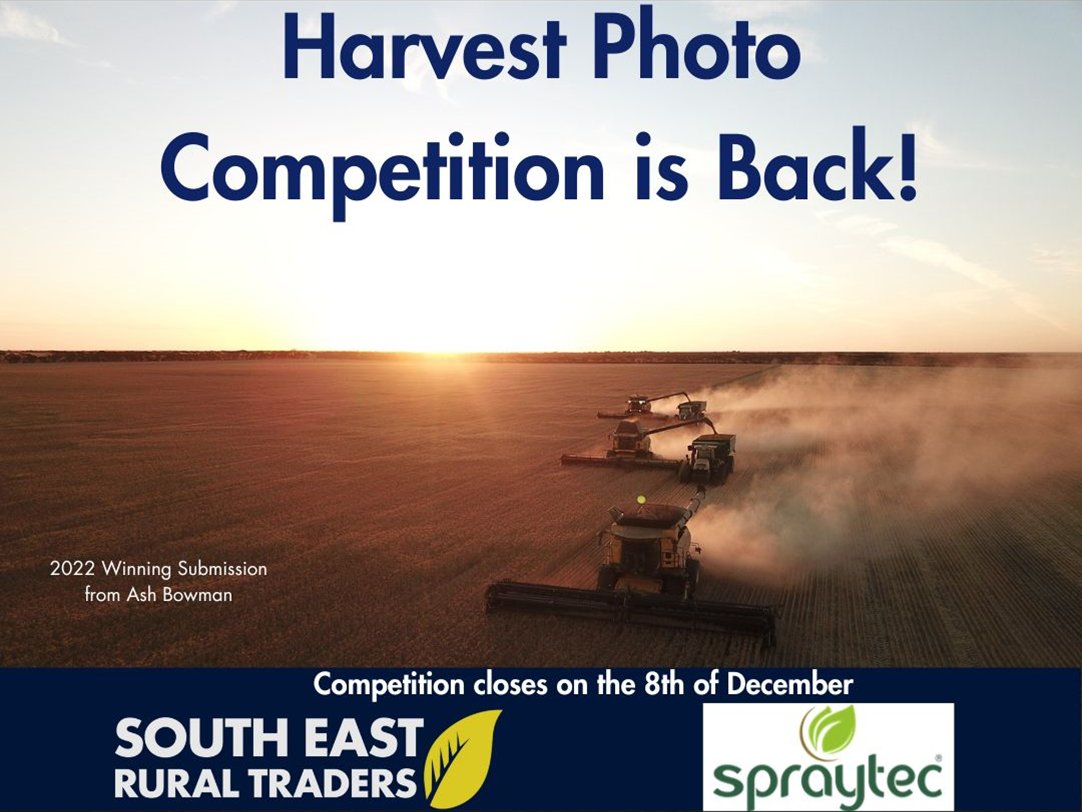 Our harvest photo comp is back on! Send in your best harvest pics to admin@southeastruraltraders.com.au for your chance to win prizes, donated by Spraytec and South East Rural Traders. The 2022 winning entry from Ash Bowman is pictured below.