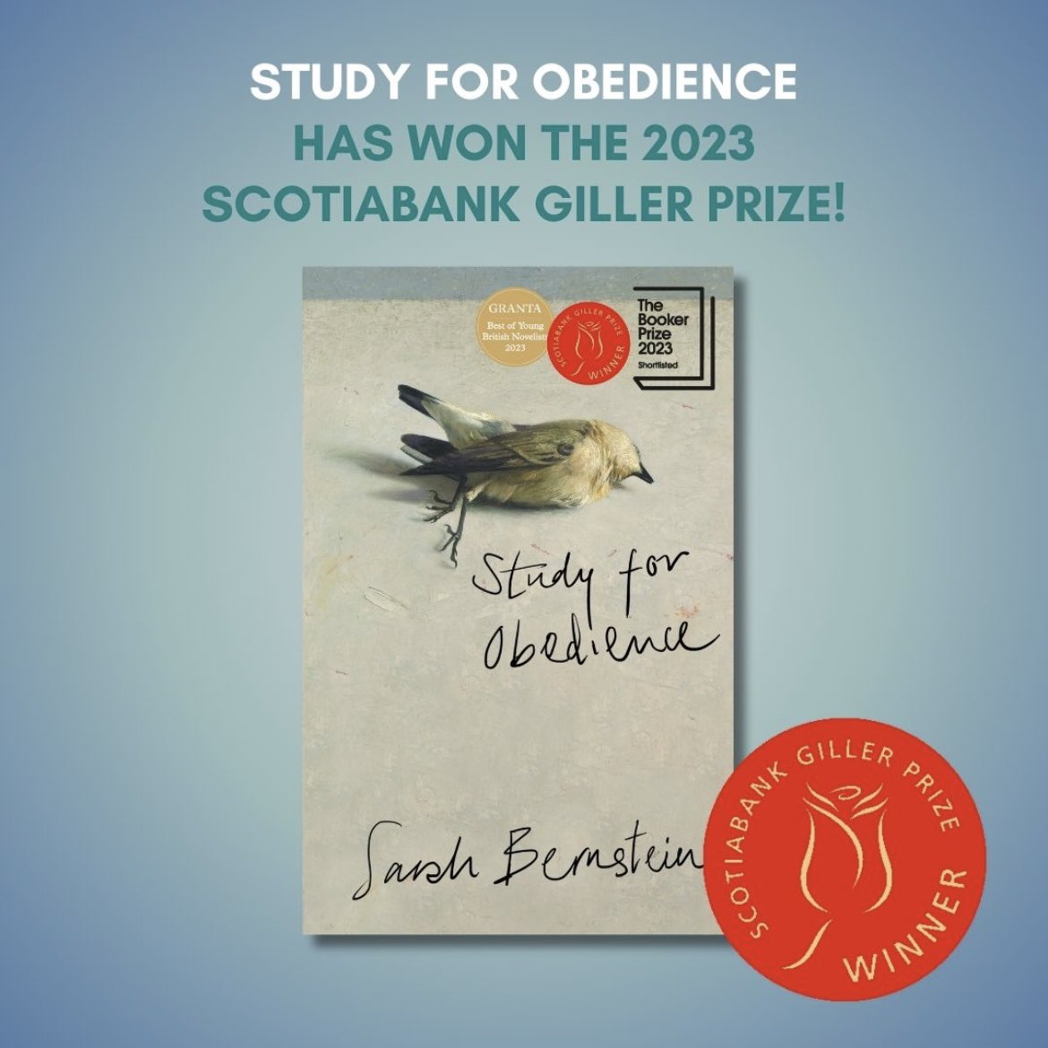 We are thrilled to announce that Sarah Bernstein’s novel STUDY FOR OBEDIENCE has won the 2023 Scotiabank @gillerprize! 🥳🍾 Huge congratulations to Sarah from the Knopf Canada team! Bravo! #ScotiabankGillerPrize